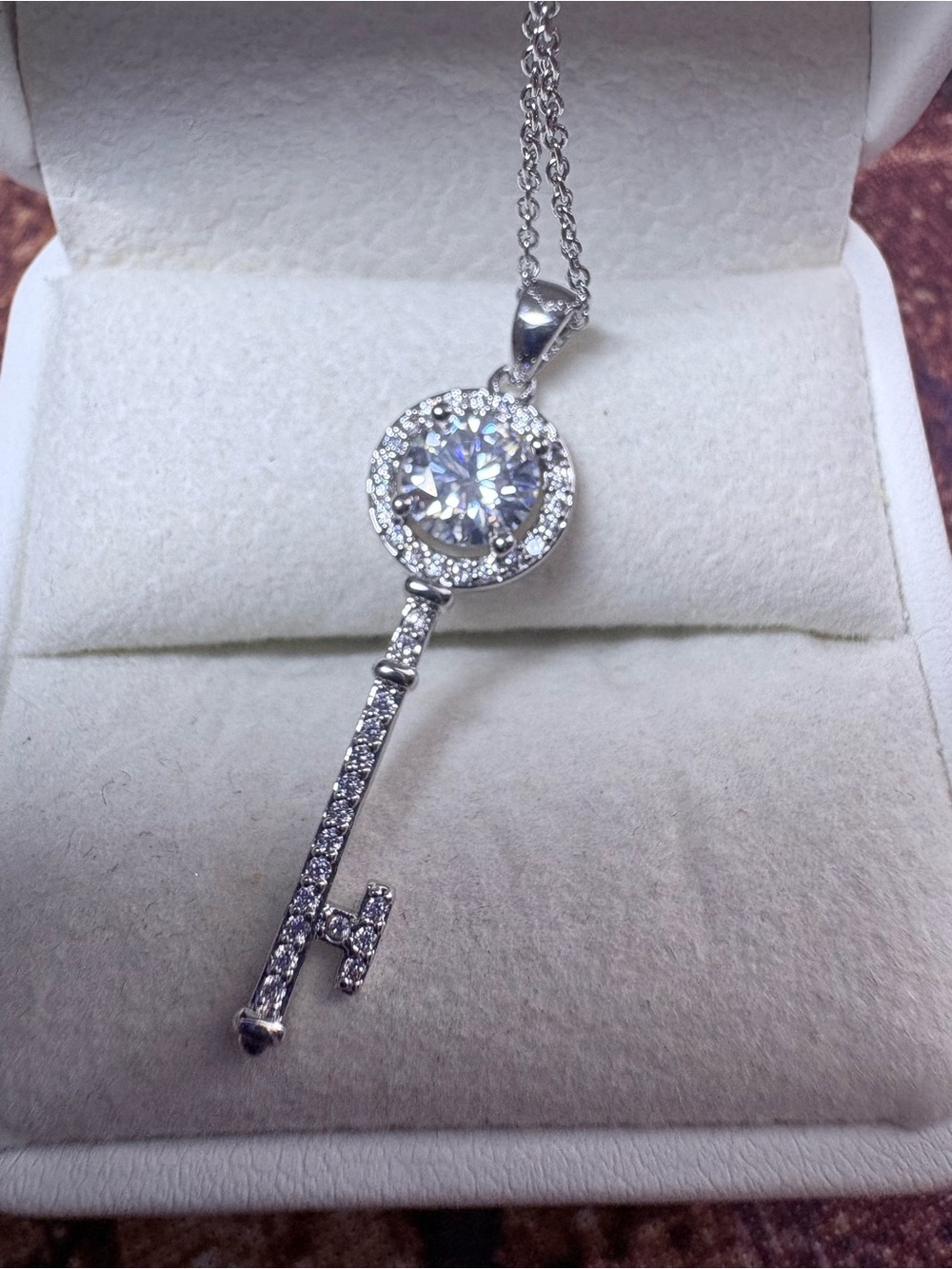 Silver Plated Key Pendant Necklace with 1 carat moissanite stone NWT comes